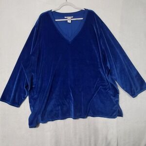 Roamans Tunic Top Womens 4X Blue Velour V Neck Dolman Sleeve Blouse Plus Size